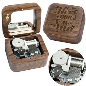 Sinzyo Here Comes The Sun Walnut Music Box Vintage Wood Carved Wind Up Musical Box Gift For Christmas,Birthday,Valentine's Day