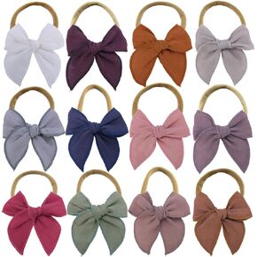 Sugarmelon Linen Bow Nylon Headband for Baby Newborn Infant Toddler Hair Bow Elastic Bands for Baby Girls Little Kids Headbands (Linen Fable bow 3'') in Saudi Arabia