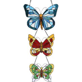 Bieye W10053 Butterfly Tiffany Style Stained Glass Window Panel with 3 Pieces Hanging Successively Within Chains, 12" W x 25" H in Kuwait