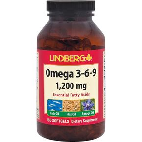 LINDBERG Omega 3-6-9, Essential Fatty acids from Fish Oil, Flax Seed Oil and Borage Oil, 180 Softgels in Kuwait