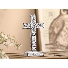 Retrome 11" H Cast Iron Tabletop Flower Cross Statue for Home Decor, Antique White in Kuwait