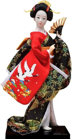 ايرلي ريد دمية كيمونو جيشا يابانية مقاس 12 انش، دمية كيمونو اسيوية مقاس 30 سم، تمثال تمثال شعبي تقليدي قابل للتجميع، هدية ديكور باللون الاسود والاحمر in Kuwait