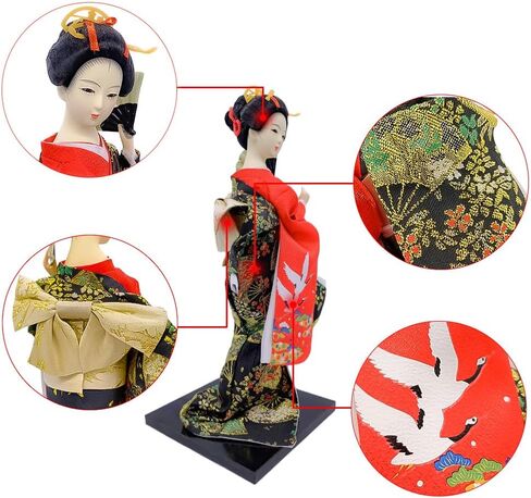 ايرلي ريد دمية كيمونو جيشا يابانية مقاس 12 انش، دمية كيمونو اسيوية مقاس 30 سم، تمثال تمثال شعبي تقليدي قابل للتجميع، هدية ديكور باللون الاسود والاحمر in Kuwait