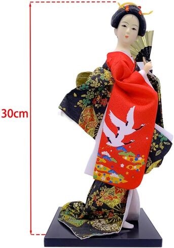 ايرلي ريد دمية كيمونو جيشا يابانية مقاس 12 انش، دمية كيمونو اسيوية مقاس 30 سم، تمثال تمثال شعبي تقليدي قابل للتجميع، هدية ديكور باللون الاسود والاحمر in Kuwait