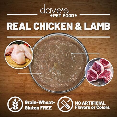 طعام القطط الرطب الخالي من الحبوب من Dave's Pet Food (معجون صلصة الدجاج ولحم الضأن)، طعام القطط المعلب الصحي بشكل طبيعي، الفيتامينات والمعادن المضافة، القمح والخالي من الغلوتين، علب 5.5 أونصة (علبة تحتوي على 24) in Kuwait
