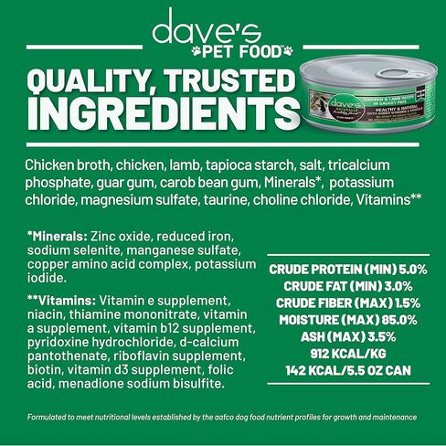 طعام القطط الرطب الخالي من الحبوب من Dave's Pet Food (معجون صلصة الدجاج ولحم الضأن)، طعام القطط المعلب الصحي بشكل طبيعي، الفيتامينات والمعادن المضافة، القمح والخالي من الغلوتين، علب 5.5 أونصة (علبة تحتوي على 24) in Kuwait