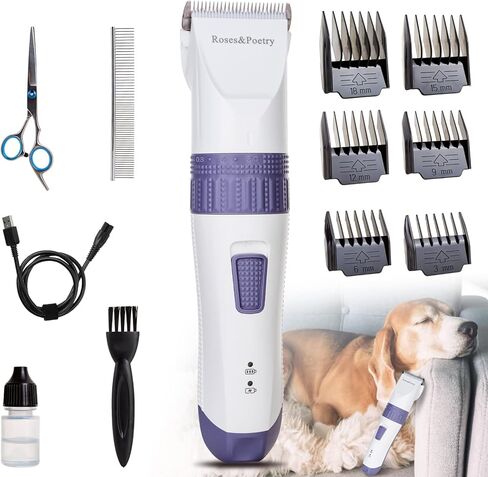 Roses&Poetry Dog Clippers,Pet Hair Trimmer,Cordless Dog Cat Pet Grooming Clipper & Dog Hair Trimmer Tools,Rechargeable Low Noise & Suitable for Dogs,Cats and Other Pets Grooming kit in Kuwait