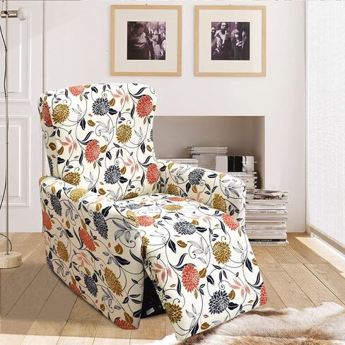FIGOOO Recliner Sofa Slipcover 4-Piece Stretch Recliner Chair Covers Non Slip Spandex Pattern Recliner Cover with Pockets Reclining Couch Covers Furniture Protector for Dogs Cats(W-Flowers,1 Seater) in Kuwait