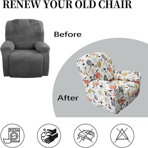 FIGOOO Recliner Sofa Slipcover 4-Piece Stretch Recliner Chair Covers Non Slip Spandex Pattern Recliner Cover with Pockets Reclining Couch Covers Furniture Protector for Dogs Cats(W-Flowers,1 Seater) in Kuwait
