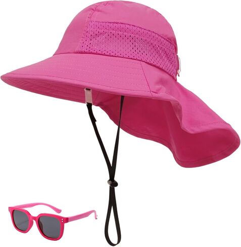 Baby Sun Hat Toddler Kids Boys Girls Wide Brim Beach Hats with Sunglasses UPF 50+ Plain Caps with Neck Flap in Saudi Arabia