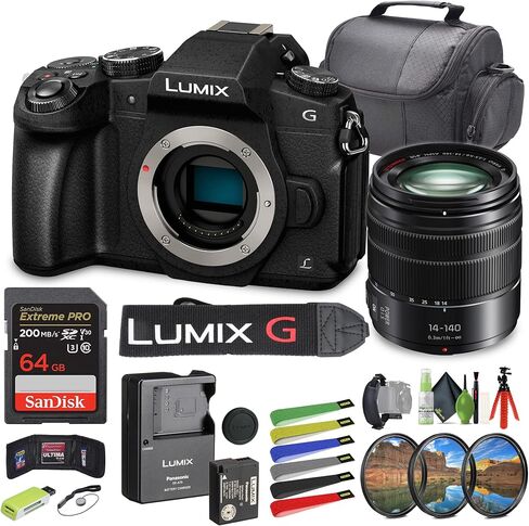 كاميرا باناسونيك لوميكس DMC-G85 الرقمية ذات الأربعة أثلاث بدون مرآة مع Lumix G Vario 14-140 مم f/3.5-5.6 II Power O.I.S. عدسة مثالية لكاميرا الفيديو والتصوير الفوتوغرافي لمدونات الفيديو على اليوتيوب (حزمة مكونة من 12 قطعة) in Saudi Arabia