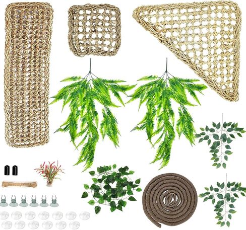 Woyrise Bearded Dragon Tank Accessories for Habitat Reptile Hammock Lizard Lounger Hanging Plants Jungle Climber Vines Flexible Leaves Decor with Suction Cups for Gecko Chameleon Hermit Crab Snake in Kuwait