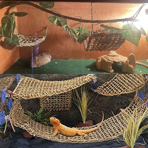 Woyrise Bearded Dragon Tank Accessories for Habitat Reptile Hammock Lizard Lounger Hanging Plants Jungle Climber Vines Flexible Leaves Decor with Suction Cups for Gecko Chameleon Hermit Crab Snake in Kuwait