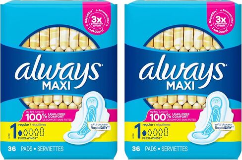 Always Maxi Size 1 Regular Pads for Women, with Wings, Unscented, 36ct - Pack of 2 (72 Count Total) in Saudi Arabia
