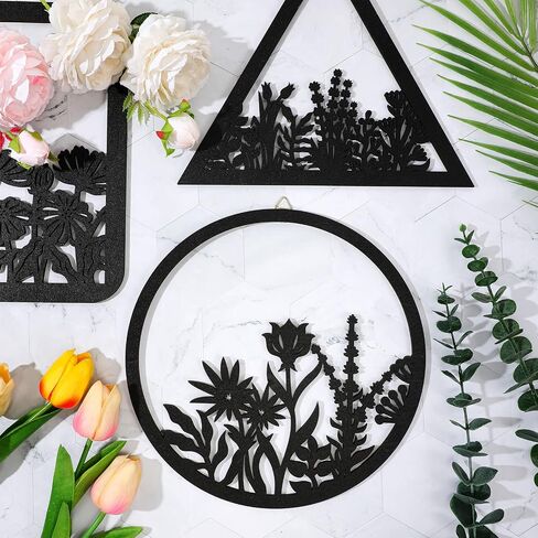 3 Pieces Geometry Wall Art Wood Wall Pediments Sacred Boho Flower Wall Art Wooden Floral Wall Decor Minimalist Floral Hanging Flower Artwork for Home Dining Room Christmas Favor, 10 Inch (Brown) in Saudi Arabia