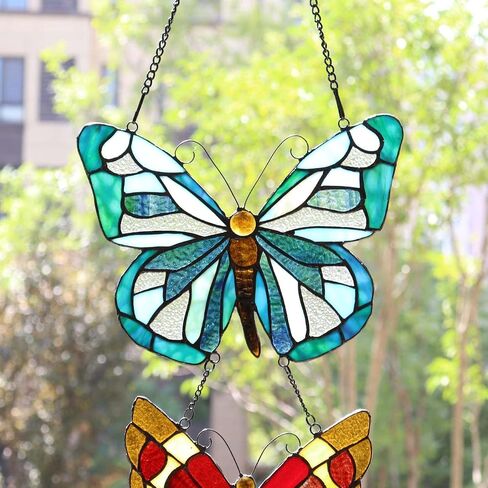 Bieye W10053 Butterfly Tiffany Style Stained Glass Window Panel with 3 Pieces Hanging Successively Within Chains, 12" W x 25" H in Saudi Arabia