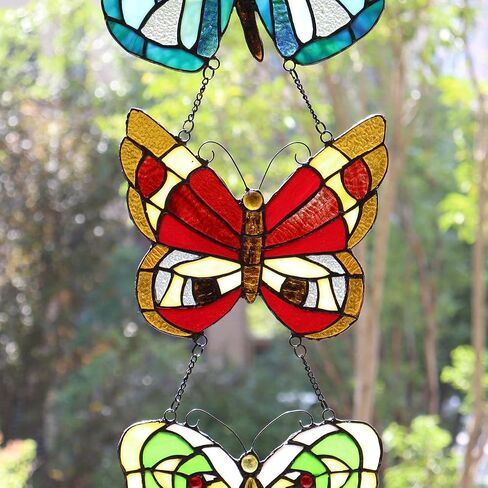 Bieye W10053 Butterfly Tiffany Style Stained Glass Window Panel with 3 Pieces Hanging Successively Within Chains, 12" W x 25" H in Saudi Arabia