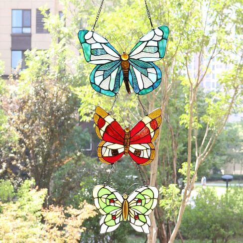 Bieye W10053 Butterfly Tiffany Style Stained Glass Window Panel with 3 Pieces Hanging Successively Within Chains, 12" W x 25" H in Saudi Arabia