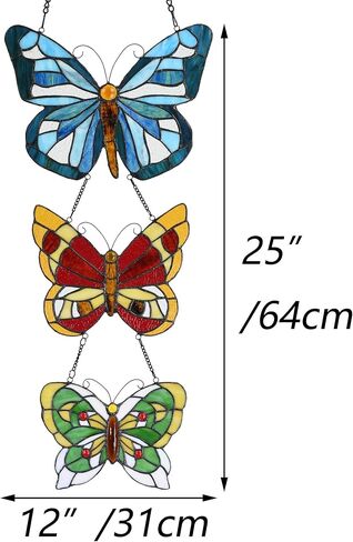 Bieye W10053 Butterfly Tiffany Style Stained Glass Window Panel with 3 Pieces Hanging Successively Within Chains, 12" W x 25" H in Saudi Arabia