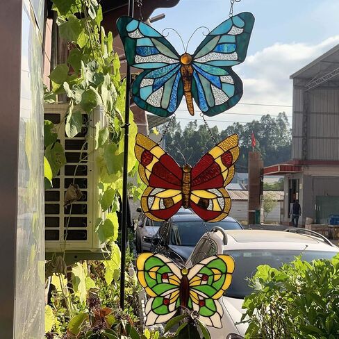 Bieye W10053 Butterfly Tiffany Style Stained Glass Window Panel with 3 Pieces Hanging Successively Within Chains, 12" W x 25" H in Saudi Arabia