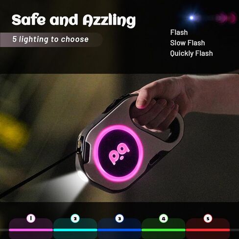 Retractable Dog Leash with Light: Rechargeable LED Flashlight 16 ft Heavy Duty Nylon Tape for Small Medium Large Dogs up to 88Ibs Walking Training Running(White) in Kuwait