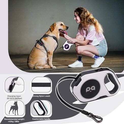 Retractable Dog Leash with Light: Rechargeable LED Flashlight 16 ft Heavy Duty Nylon Tape for Small Medium Large Dogs up to 88Ibs Walking Training Running(White) in Kuwait