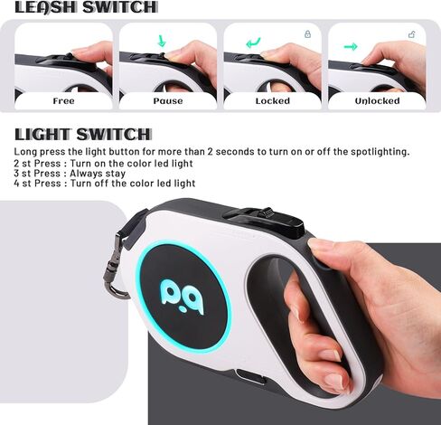Retractable Dog Leash with Light: Rechargeable LED Flashlight 16 ft Heavy Duty Nylon Tape for Small Medium Large Dogs up to 88Ibs Walking Training Running(White) in Kuwait