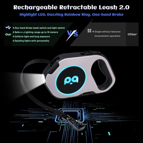 Retractable Dog Leash with Light: Rechargeable LED Flashlight 16 ft Heavy Duty Nylon Tape for Small Medium Large Dogs up to 88Ibs Walking Training Running(White) in Kuwait