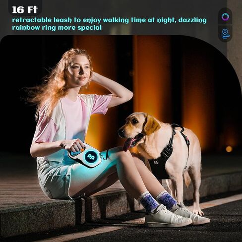 Retractable Dog Leash with Light: Rechargeable LED Flashlight 16 ft Heavy Duty Nylon Tape for Small Medium Large Dogs up to 88Ibs Walking Training Running(White) in Kuwait
