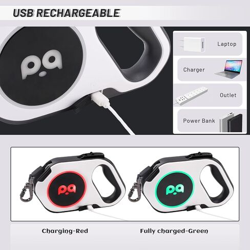 Retractable Dog Leash with Light: Rechargeable LED Flashlight 16 ft Heavy Duty Nylon Tape for Small Medium Large Dogs up to 88Ibs Walking Training Running(White) in Kuwait