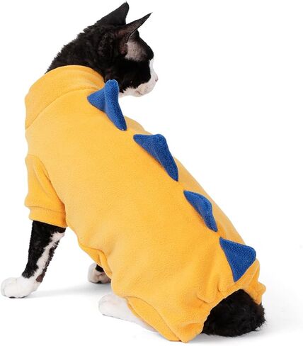 SNIXfever Sphynx Cat Costume, Dinosaur Design Clothes for Cats, Cats & Small Dogs Apparel, Hairless Cats Warm Clothes, Stretchy Fabric Cat Onesie (Large, Yellow) in Kuwait