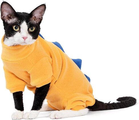SNIXfever Sphynx Cat Costume, Dinosaur Design Clothes for Cats, Cats & Small Dogs Apparel, Hairless Cats Warm Clothes, Stretchy Fabric Cat Onesie (Large, Yellow) in Kuwait