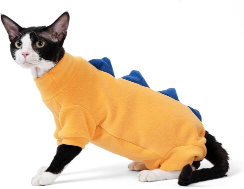SNIXfever Sphynx Cat Costume, Dinosaur Design Clothes for Cats, Cats & Small Dogs Apparel, Hairless Cats Warm Clothes, Stretchy Fabric Cat Onesie (Large, Yellow) in Kuwait
