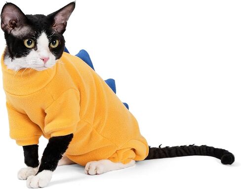 SNIXfever Sphynx Cat Costume, Dinosaur Design Clothes for Cats, Cats & Small Dogs Apparel, Hairless Cats Warm Clothes, Stretchy Fabric Cat Onesie (Large, Yellow) in Kuwait
