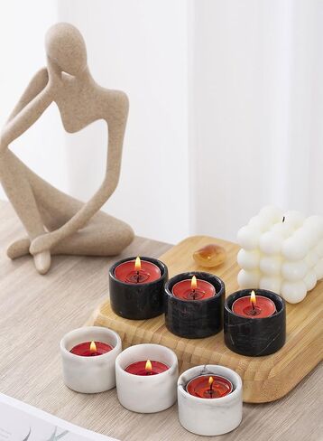 حامل شموع أضواء الشاي، شموع تيلايت، حوامل شموع مستدقة - حوامل رخامية لأضواء الشاي الأسود - ديكور حامل عصي الشموع - مجموعة حاملات الشموع المكونة من 6 (3 أسود + 3 أبيض) in Kuwait