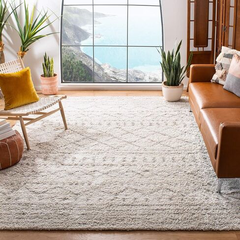 سجادة منطقة SAFAVIEH Arizona Shag - 22.86 سم × 30.48 سم، عاجي وبيج، تصميم مغربي، لا يتساقط ويسهل العناية به، سمك 1.6 بوصة مثالي للمناطق ذات الحركة العالية في غرفة المعيشة وغرفة النوم (ASG741A) in Kuwait