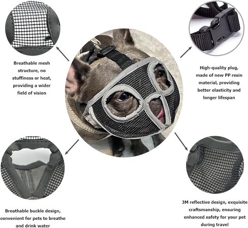 كمامة قصيرة للكلاب من FarwenC، كمامة شبكية قابلة للتنفس قابلة للشرب وقابلة للتعديل، كمامة مضادة للعض والنباح والمضغ مع أشرطة عاكسة، مثالية للكلاب ذات الوجه المسطح (حجم L) in Kuwait
