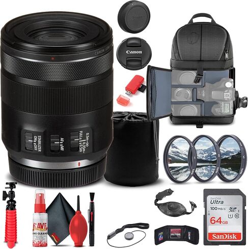 Canon RF 85mm f/2 Macro عبارة عن عدسة STM (4234C002) + طقم فلتر + حقيبة ظهر + بطاقة سعة 64 جيجابايت + حقيبة عدسة + قارئ بطاقات + حامل ثلاثي القوائم مرن + محفظة ذاكرة + حافظة للأغطية + طقم تنظيف + حزام يد + المزيد (متجدد) in Saudi Arabia