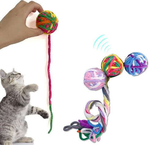 Szecl 3Pcs Cat Yarn Ball with Bell Cat Teething Chew Chase Ball Pet Bite Rainbow Yarn Balls Cat Sticks to Chew Furry Rattle Ball Molar Ball Interactive Product for Kittens in Saudi Arabia