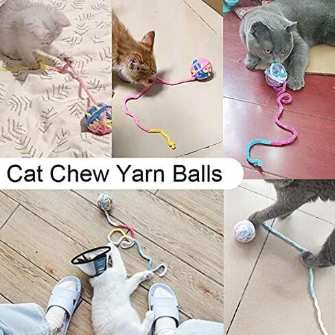 Szecl 3Pcs Cat Yarn Ball with Bell Cat Teething Chew Chase Ball Pet Bite Rainbow Yarn Balls Cat Sticks to Chew Furry Rattle Ball Molar Ball Interactive Product for Kittens in Saudi Arabia