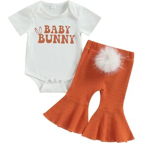 Lamuusaa Newborn Baby Girl Easter Outfit Short Sleeve Baby Bunny Romper Flared Pants Bell Bottoms with Tail Pompoms 0-18M in Kuwait