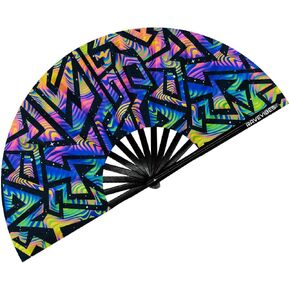 13" Large Rave Fan Folding Hand Fan, Bamboo Festival Clack Fan Foldable UV Glow Edm Fans For Rave Outfits Accessories Performance Dance Party For Men Women, Alien