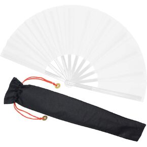 Zolee Large Rave Folding Hand Fan for Men/Women - Chinese Japanese Solid Kung Fu Tai Chi Handheld Fan with Fabric Case - for EDM, Music Festival, Club, Event, Party, Dance, Performance, Gift (White)
