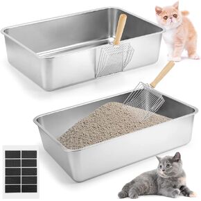 Helyhoob 2 Set Stainless Steel Litter Box for Cats Rabbits, High Sides with 2 Cat Litter Scoop, Odor Control Extra Large Metal Cat Litter Box, Easy to Clean, Non Slip Rubber Feet (24 x 16 x 6 Inches) in Saudi Arabia