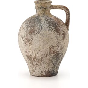 LUKA Ceramic Rustic Farmhouse Vase,8.25 inch Terracotta Vase with Handle,Neutral Clay Pot Vases Decorative Vase for Living Room,Table,Shelf Decor(White,M)