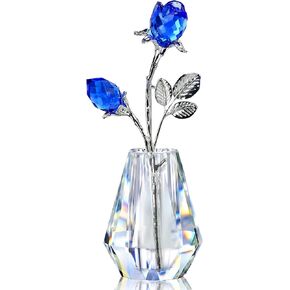 H&D HYALINE & DORA Blue Crystals Roses in Vase with Sliver Metal Stem Glass Figurine Ornament Wedding Gifts for Woman Home Party Decorations in Kuwait