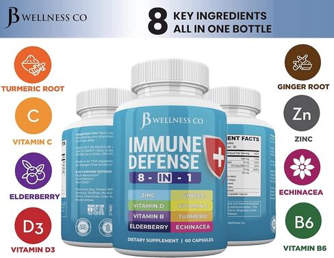 Immune Support 8 in 1 Capsules - Zinc Supplement, Vitamin D3 5000 IU, Vitamin C 1000MG and Elderberry - Immune Booster Supplement with Echinacea, Ginger Root, and Turmeric - [3-Pack, 180 Count] in Saudi Arabia