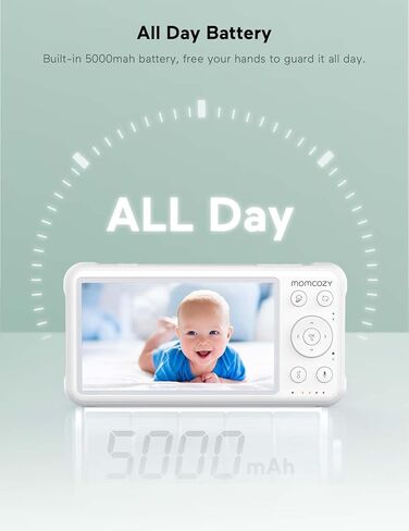شاشة مراقبة الأطفال من Momcozy مقاس 5 بوصات بدقة 1080 بكسل مع كاميرا وصوت غير WiFi وبطارية 5000 مللي أمبير في الساعة مع وضع VOX ورؤية ليلية بالأشعة تحت الحمراء ودرجة حرارة الصوت في اتجاهين هدية مثالية in Kuwait