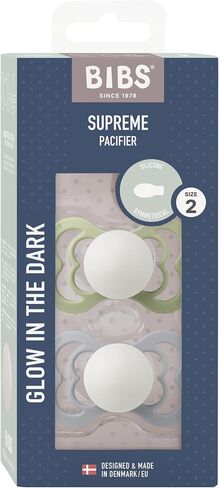 BIBS Supreme Baby Pacifier 2-Pack | Made in Denmark | BPA Free Dummy Soother, Symmetrical Nipple. Silicone, Size 2 (6-18 Months), Sage Glow/Cloud Glow in Saudi Arabia
