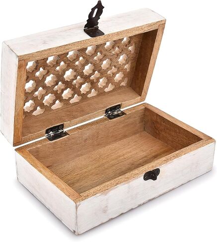 سامهيتا صندوق مجوهرات من خشب المانجو بغطاء مفصلي - ابيض لمستلزمات الحفلات وحفلات استقبال المولود واعياد الميلاد والتخرج (8 انش × 5 انش × 3 انش) in Kuwait